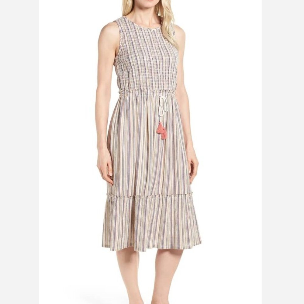 Caslon Women's Cotton Smocked Stripe Midi Dress - M